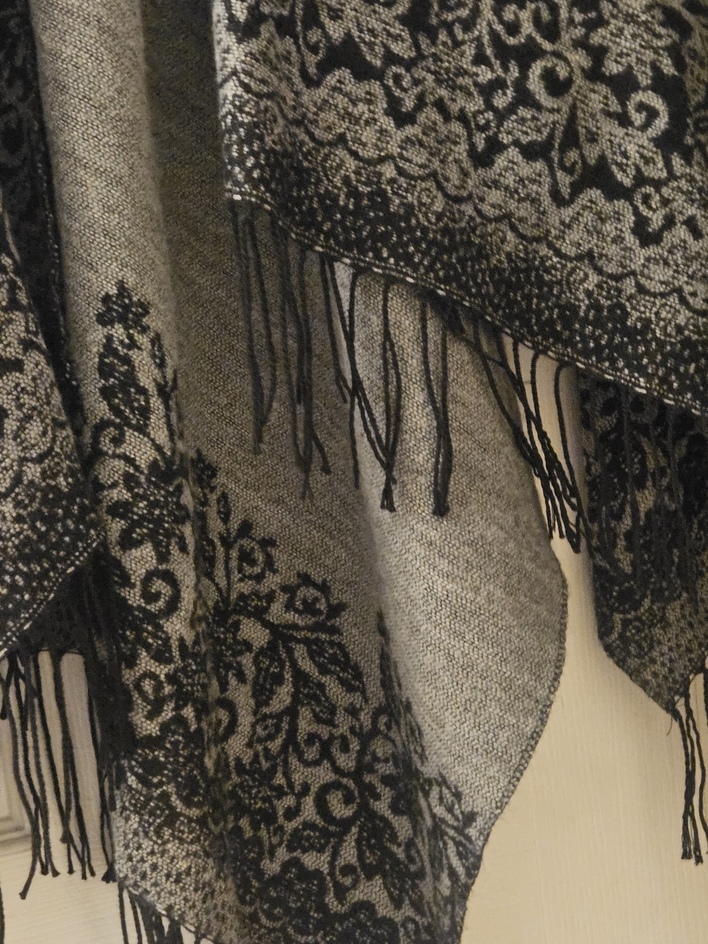 Black Grey Versatile Floral-Trim Open Shawl Poncho Cape with Boho Hippie Fringe - Picture 3 of 11